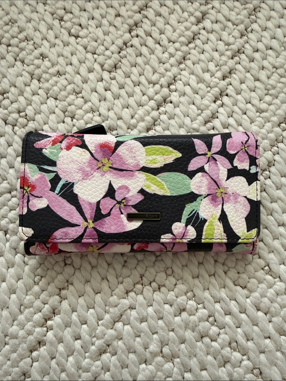 Roxy Black Trifold Wallet with Pink & Green Floral Print